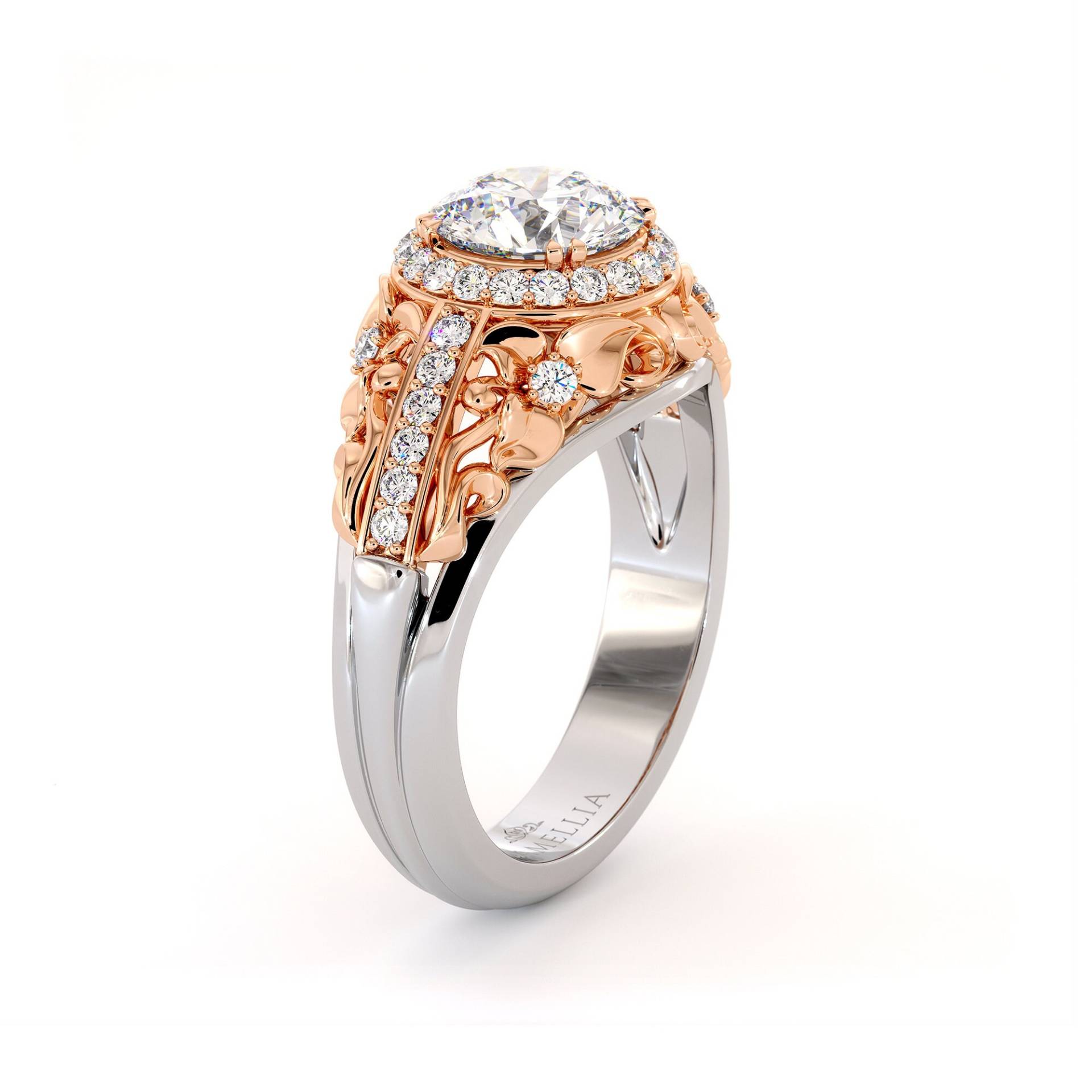 Moissanite Two Tone Gold Verlobungsring Einzigartiger Diamant Halo Ring von AyalaDiamonds