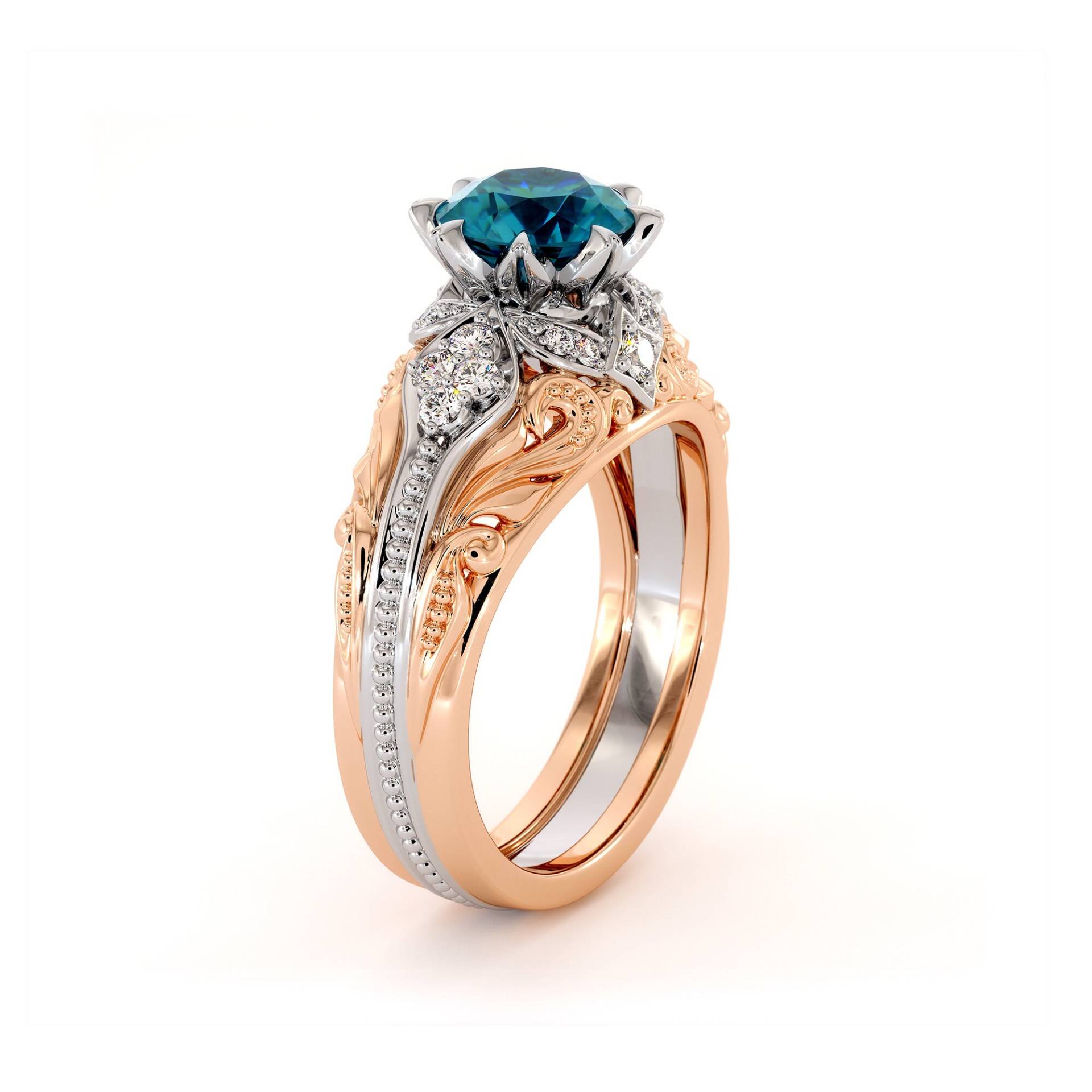 Königlicher Blauer Diamant Verlobungsring Vintage Two Tone Gold Ring von AyalaDiamonds