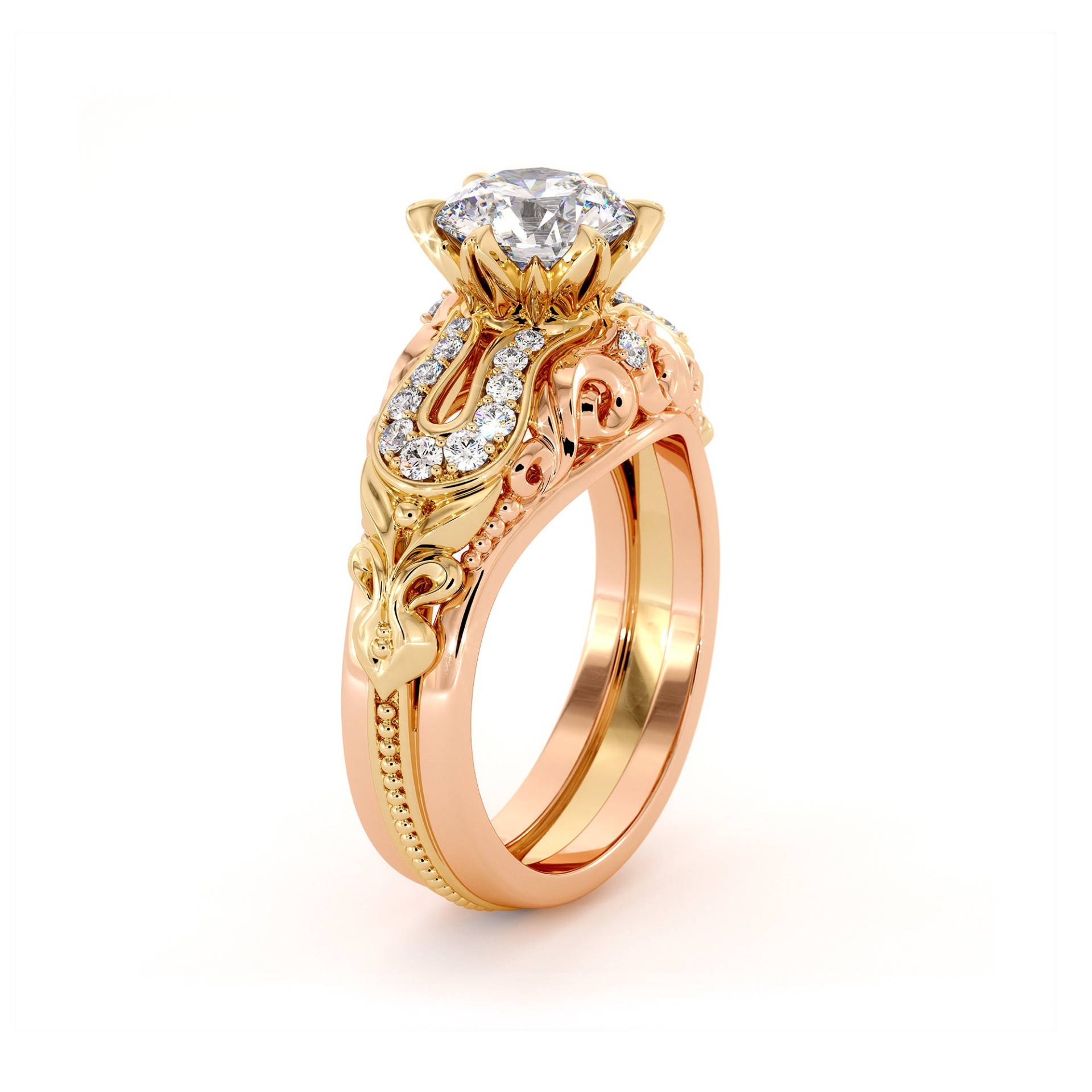 Einzigartiger Filigraner Zweifarbiger Verlobungsring Rose & Gelbgold Moissanite Fo Ring von AyalaDiamonds