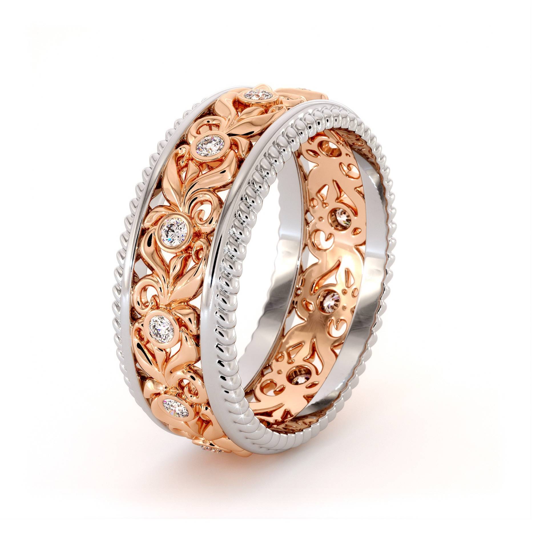 Vintage Lab Diamant Ehering 14K Rose & Weiß Gold Blumenring von AyalaDiamonds