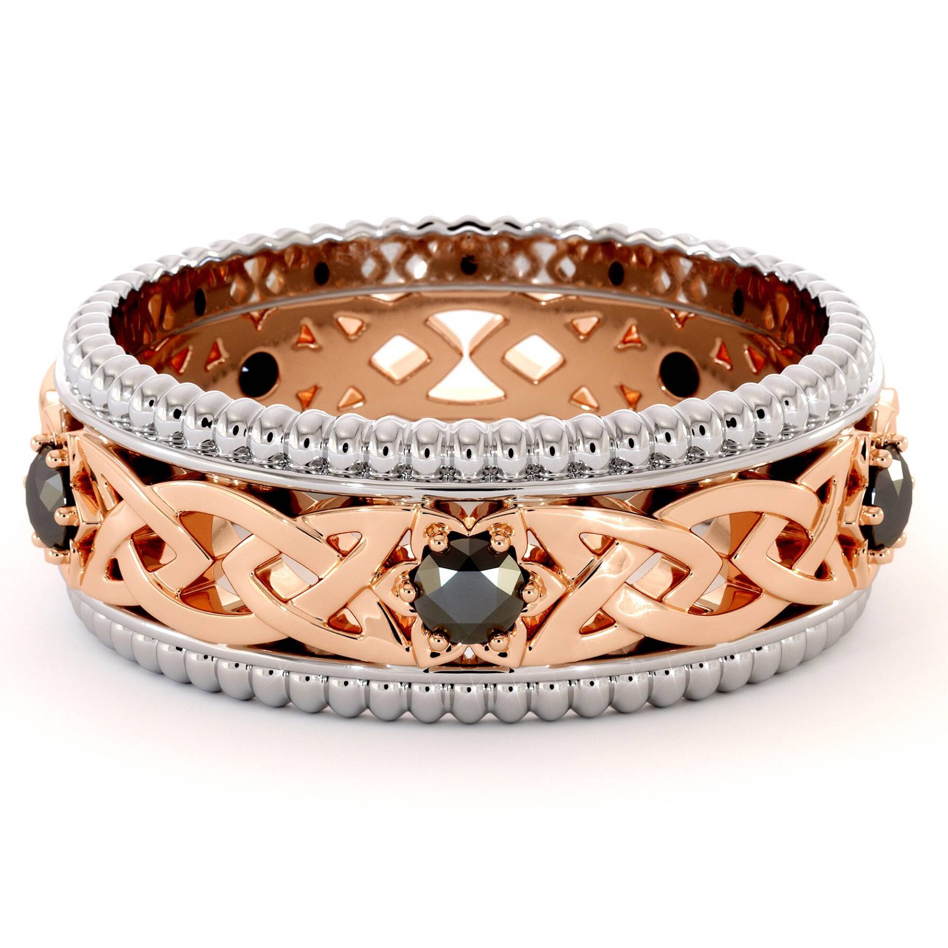 White & Rose Herren Ehering Black Diamond Band Filigran 14K Gold Feiner Schmuck von AyalaDiamonds