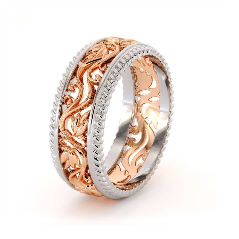 Zweifarbiger 14K Gold Ehering Florales Filigranes Band von AyalaDiamonds