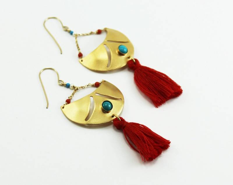 Boho Statement Ohrringe Quaste Baumeln Türkis Koralle Gold Fransen von AyalaVitkon