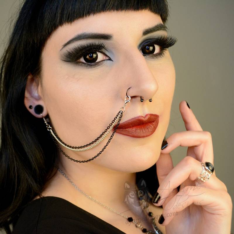 Black & Silver Edelstahl Nase/Lip To Ohr Kette | Dreifach Black & Silver Edelstahl Nase/Lip To Ohr Kette | Dreifach von AyameDesigns