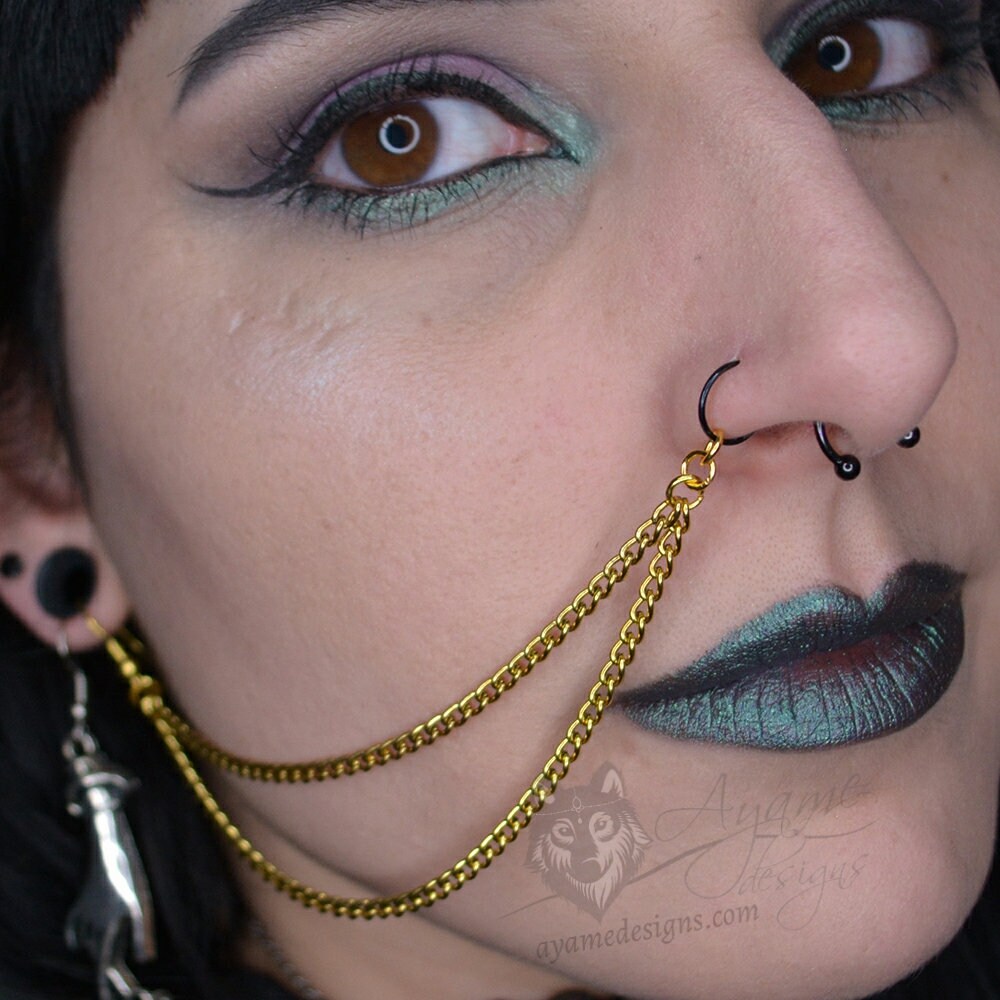 Gold Edelstahl Nase/Lip To Ohr Kette | Doppelt Gold Edelstahl Nase/Lip To Ohr Kette | Doppelt von AyameDesigns