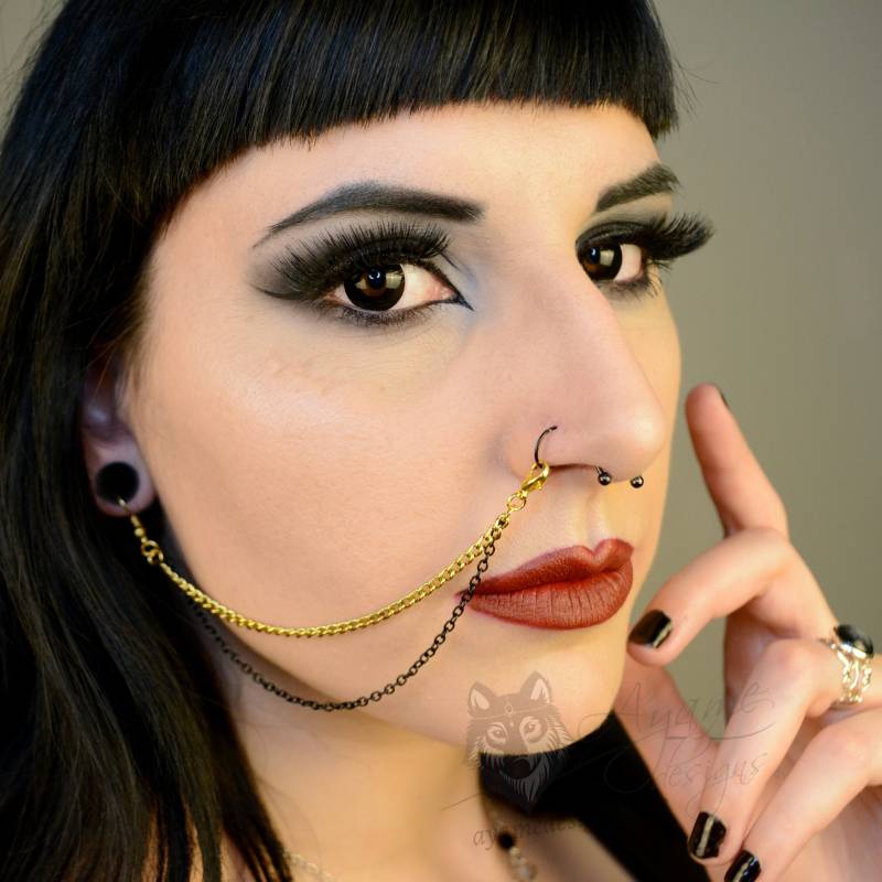 Gold & Schwarz Edelstahl Nase/Lip To Ohr Kette | Doppelt Gold & Schwarz Edelstahl Nase/Lip To Ohr Kette | Doppelt von AyameDesigns