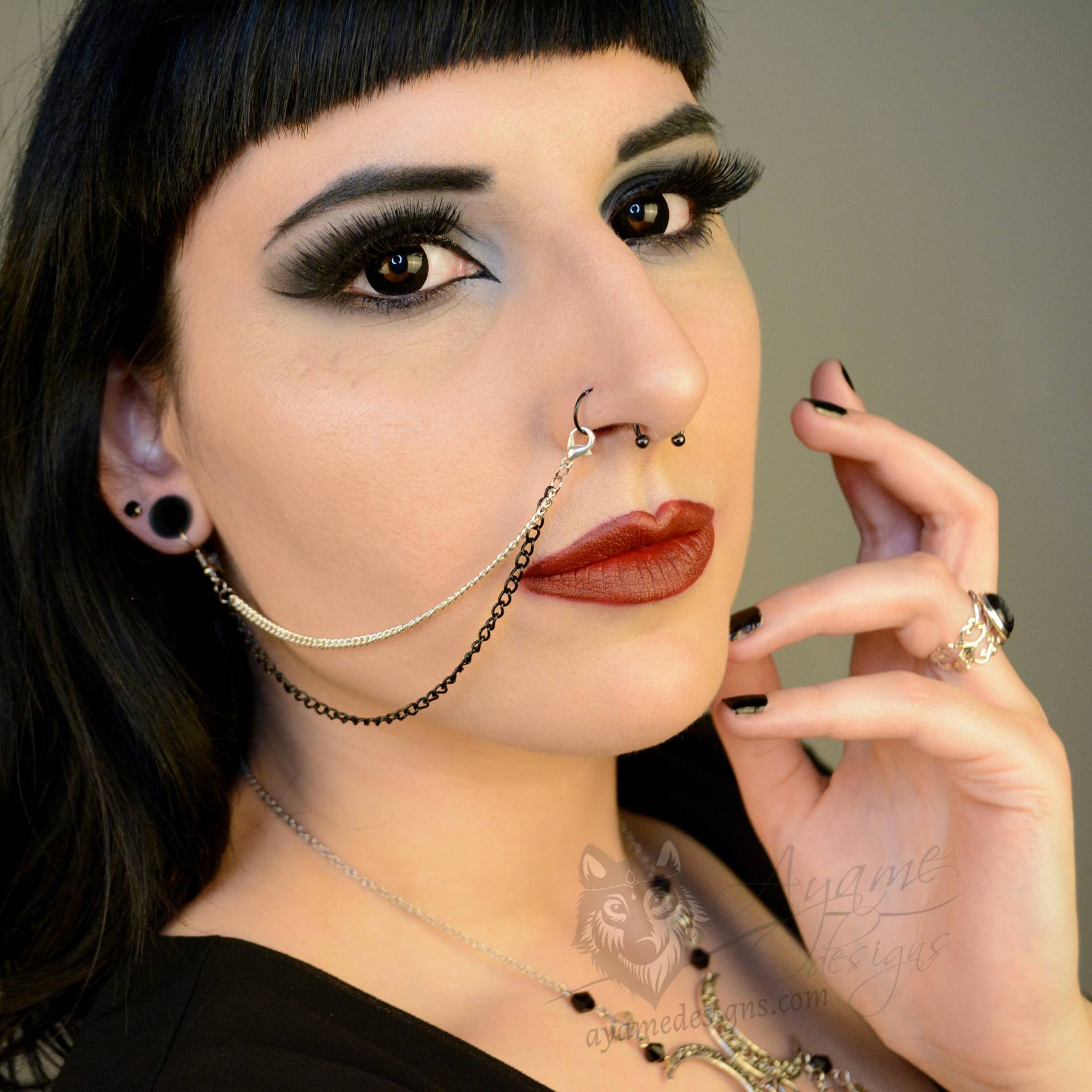 Silber & Schwarze Edelstahl Nase/Lippe Zu Ohrkette | Doppelt Silber & Schwarze Edelstahl Nase/Lippe Zu Ohrkette | Doppelt von AyameDesigns