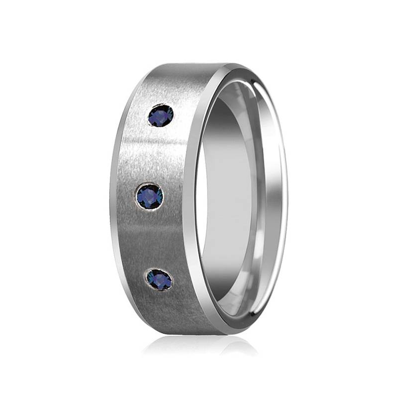 Blaue Saphire Ehering Wolframring Silber Wolfram Abgeschrägte Kanten 3 Wolframband Gebürstet von AydinsJewelry