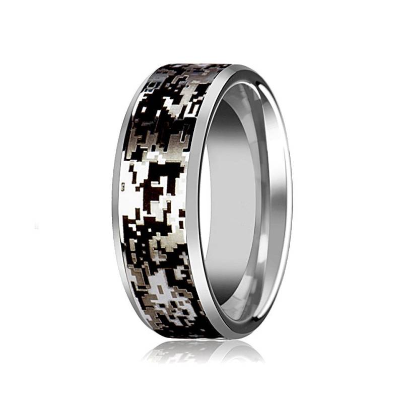 Camo Hochzeit Band Silber Wolfram Digital Camouflage Ehering Abgeschrägt Poliert Finish 8mm von AydinsJewelry