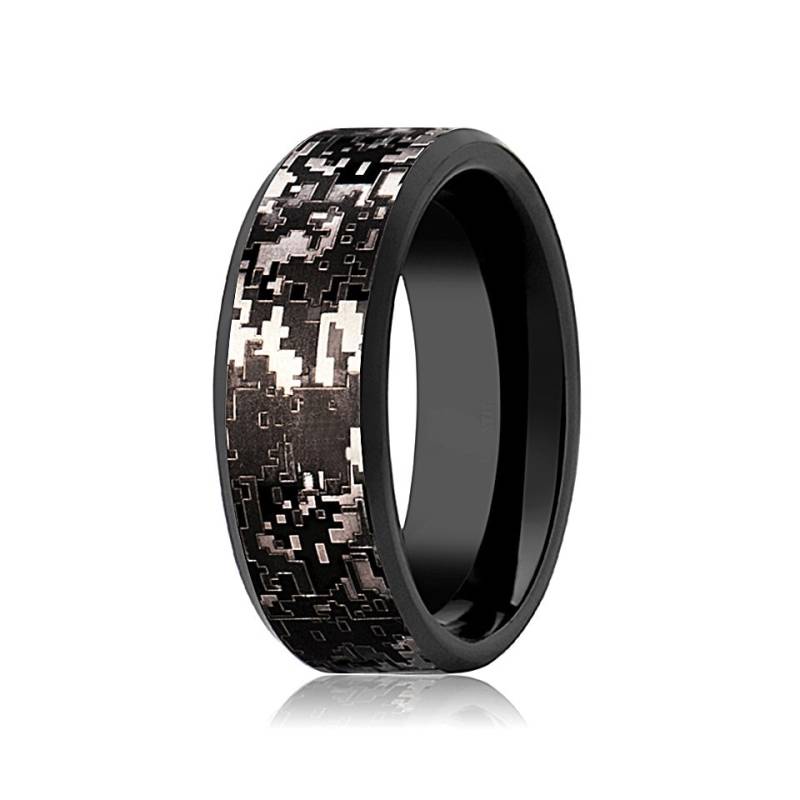 Camo Wedding Band Wolfram Schwarz Digital Ehering Abgeschrägt Poliert Finish 8mm von AydinsJewelry