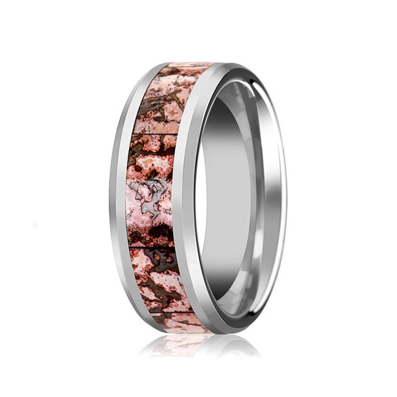 Dinosaurier Knochen Ring Rosa Inlay Wolfram Ehering Abgeschrägt Poliert 4mm 8mm von AydinsJewelry