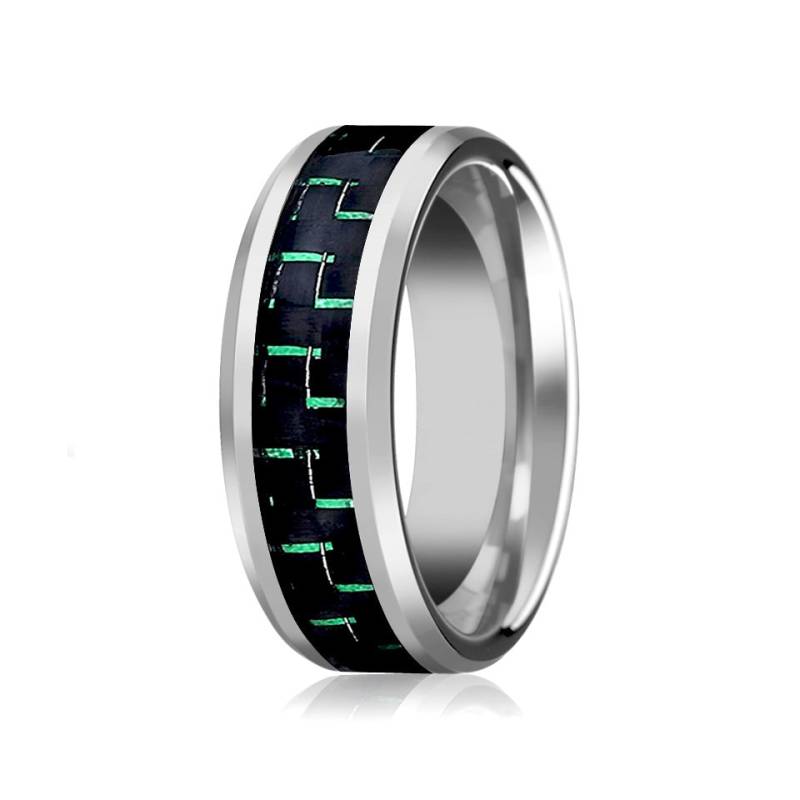 Herrenring Wolframring Silber Hochglanzpoliert Mit Grün-Schwarz-Carbon-Faser-Inlay Abgeschrägte Kante 9mm Hartmetall-Ehering von AydinsJewelry