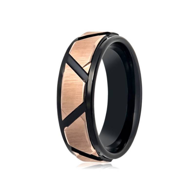 Rose Gold Gebürstet Trapez Mitte Hochglanzpoliert Schwarz Rillen & Stepped Edge 8mm Wolframring von AydinsJewelry