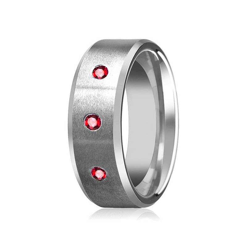 Roter Rubin Hochzeit Ring Wolfram Silber Ehering Abgeschrägte Kanten 3 Gebürstet Roten Rubinen von AydinsJewelry