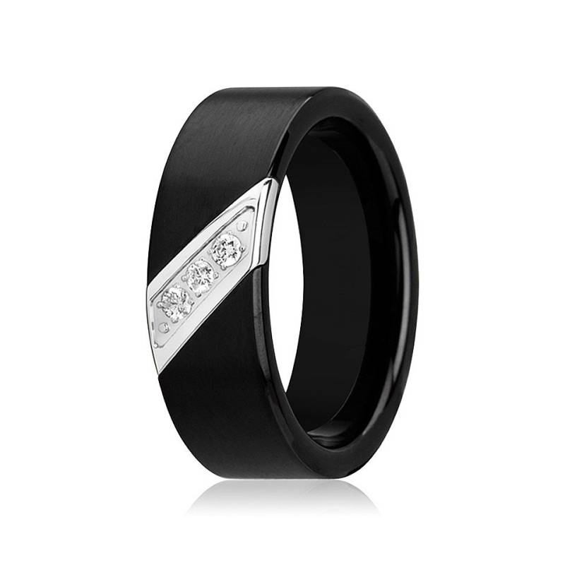 Weißer Diamant Ehering Schwarzer Wolframring Wolfram Flach Gebürstet 3 Diamanten 8mm von AydinsJewelry