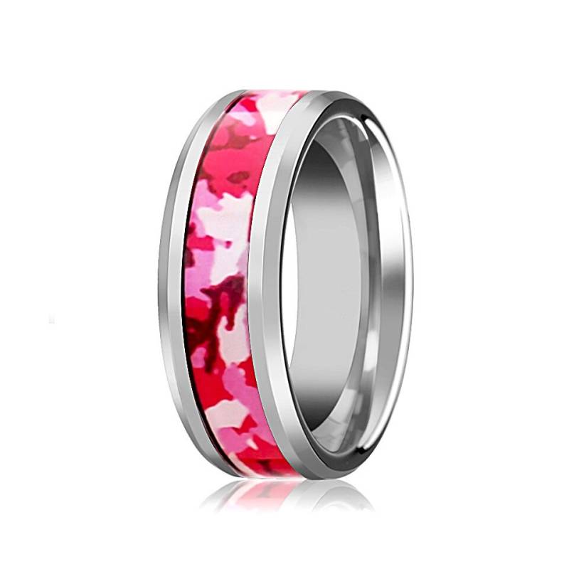 Wolfram Camo Ring Rosa Und Weiß Camouflage Ehering Abgeschrägt Poliert 6mm 8mm von AydinsJewelry