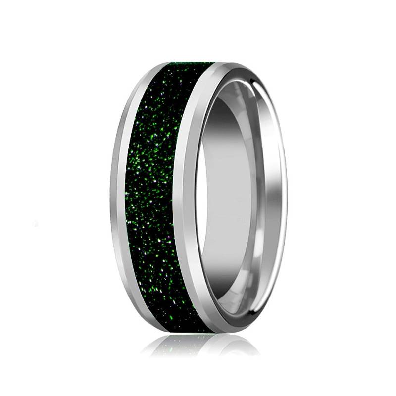 Wolfram Ehering, Grünes Goldstone Inlay, Abgeschrägte Polierte Oberfläche 8mm, Ehering von AydinsJewelry