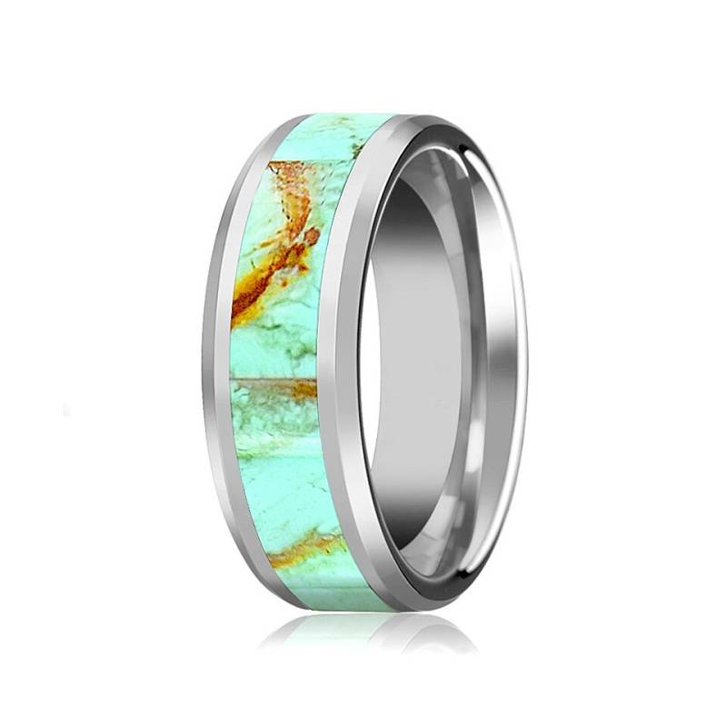 Wolfram Ehering, Hellblauer Türkis-stein-Inlay, Abgeschrägtes Poliertes Finish 8mm Ehering von AydinsJewelry