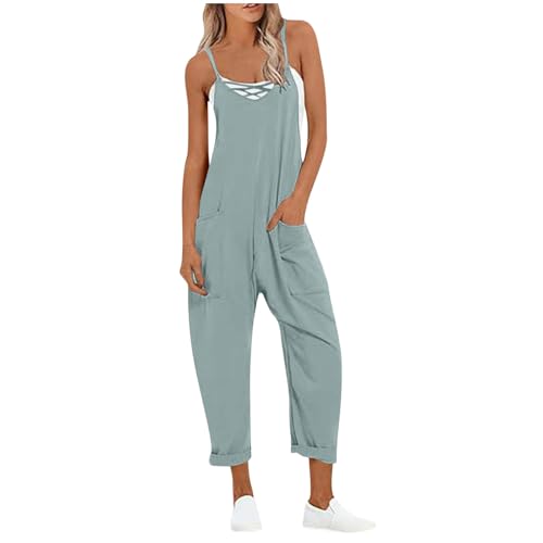 Ayhuang Latzhose Damen Sommer Einfarbig Jumpsuit Elegant Ärmellose Overall Große Größen Leichte Weites Bein Hose Klassisch Träger Romper mit Taschen Lässiges Atmungsaktive Trägerhose von Ayhuang