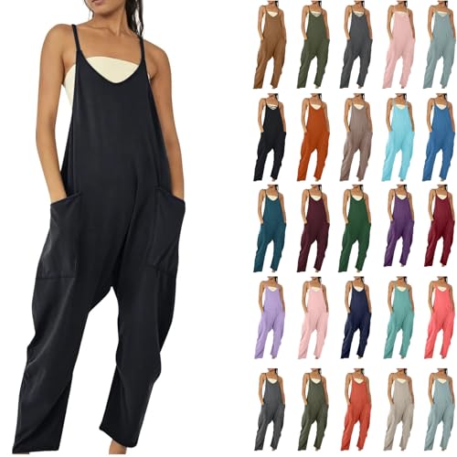 Ayhuang Latzhose Damen Sommer Einfarbig Jumpsuit Elegant Ärmellose Overall Große Größen Leichte Weites Bein Hose Klassisch Träger Romper mit Taschen Lässiges Atmungsaktive Trägerhose von Ayhuang