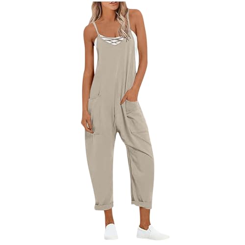 Ayhuang Latzhose Damen Sommer Einfarbig Jumpsuit Elegant Ärmellose Overall Große Größen Leichte Weites Bein Hose Klassisch Träger Romper mit Taschen Lässiges Atmungsaktive Trägerhose von Ayhuang