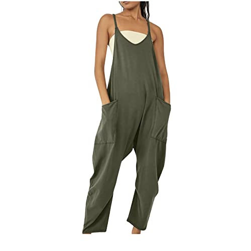 Ayhuang Latzhose Damen Sommer Einfarbig Jumpsuit Elegant Ärmellose Overall Große Größen Leichte Weites Bein Hose Klassisch Träger Romper mit Taschen Lässiges Atmungsaktive Trägerhose von Ayhuang
