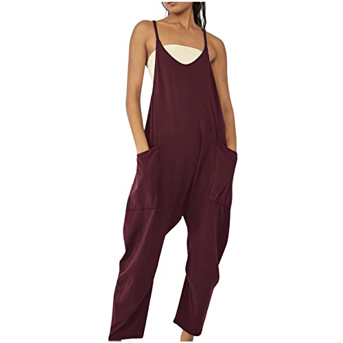Ayhuang Latzhose Damen Sommer Einfarbig Jumpsuit Elegant Ärmellose Overall Große Größen Leichte Weites Bein Hose Klassisch Träger Romper mit Taschen Lässiges Atmungsaktive Trägerhose von Ayhuang