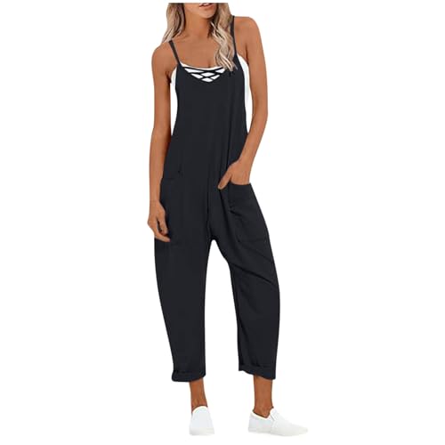 Ayhuang Latzhose Damen Sommer Einfarbig Jumpsuit Elegant Ärmellose Overall Große Größen Leichte Weites Bein Hose Klassisch Träger Romper mit Taschen Lässiges Atmungsaktive Trägerhose von Ayhuang