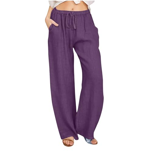 Ayhuang Leinenhose Damen Leichte Sommer Hosen Lässige Elegant Strandhose Lange Einfarbig Musselin Hose Baumwolle Sommerhose Klassisch Freizeit Weite Leg Pants Atmungsaktive Freizeithose mit Kordelzug von Ayhuang