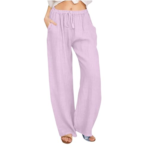Ayhuang Leinenhose Damen Leichte Sommer Hosen Lässige Elegant Strandhose Lange Einfarbig Musselin Hose Baumwolle Sommerhose Klassisch Freizeit Weite Leg Pants Atmungsaktive Freizeithose mit Kordelzug von Ayhuang