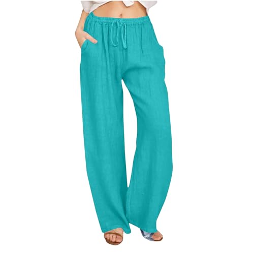 Ayhuang Leinenhose Damen Leichte Sommer Hosen Lässige Elegant Strandhose Lange Einfarbig Musselin Hose Baumwolle Sommerhose Klassisch Freizeit Weite Leg Pants Atmungsaktive Freizeithose mit Kordelzug von Ayhuang