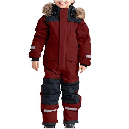 Ayhuang Schneeanzug Kinder Unisex Klassisch Skianzug Warme Verdickt Schneeoverall mit Kapuze und Taschen Winddicht Wasserdichte Skihose Winter Outdoor Skijacke Passform Modisch Softshelljacke von Ayhuang