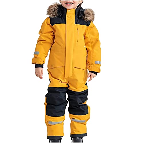 Ayhuang Schneeoverall Kinder Winter Modisch Schneehose Outdoor Klassisch Skijacke Wasserdicht Unisex Schneeanzüge Verdickt Warme Softshelljacke mit Kapuze und Taschen Winddicht Gefüttert Skihose von Ayhuang