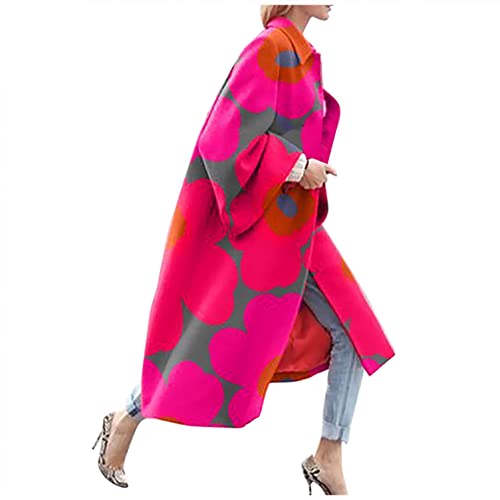 Damen Strickjacke Mantel Long Windbreaker Jacket Long Flare Sleeve Jacket Trenchcoat Bedruckte Tasche Freizeitjacke Winter Windbreaker Printed Loose Mantel Übergangsjacke (L, Rosa) von Ayhuang