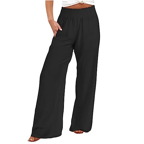 Leinenhose Damen Sommer Einfarbig Sommerhose Freizeit Leichte Freizeithose Elegant Bequeme Strandhose Klassisch Atmungsaktive Musselin Hosen Lässiges Baumwolle Hosen Vintage Lockere Damenhosen von Ayhuang