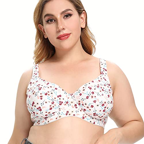 Ayigedu Damen Floral Baumwolle BH Bügel Ungefüttert Volle Abdeckung Plus Size Comfort Cup, weiß, 115A von Ayigedu