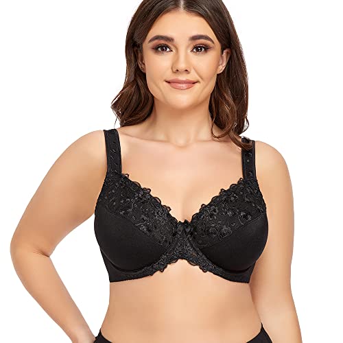 Ayigedu Damen Full Coverage Bügel Push Up BH Blumenspitze Plus Size Nicht Padded Comfort Everyday Bra, Schwarz , 120B von Ayigedu