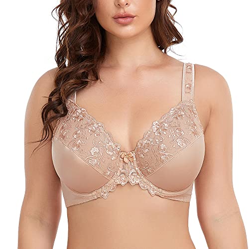 Ayigedu Damen Full Coverage Bügel Push Up BH Blumenspitze Plus Size Nicht Padded Comfort Everyday Bra, beige, 120B von Ayigedu