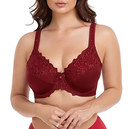 Ayigedu Damen Full Coverage Bügel-Push-up-BH Floral Lace Plus Size nicht wattiert Komfort Alltag BH, weinrot, 100E von Ayigedu