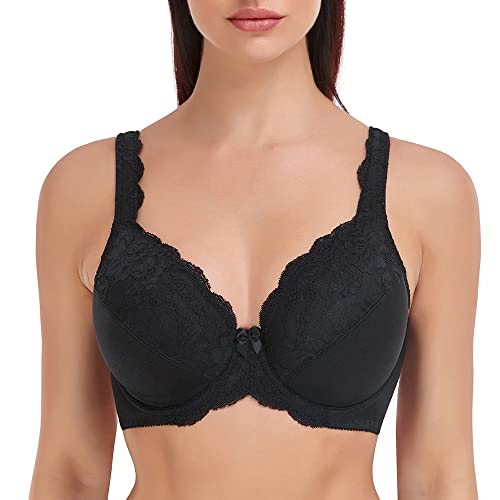 Ayigedu Damen Spitze Minimizer BH Volle Abdeckung Plus Size Bügel Nicht Gepolstert Komfort BH, Schwarz , 115DD von Ayigedu