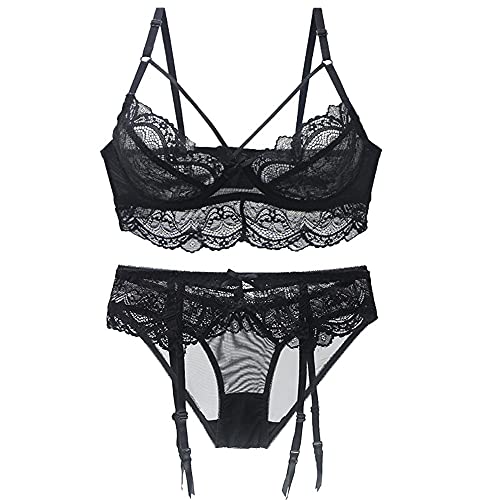 Damen 3-teiliges Dessous-Set mit Blumenmuster, Spitze, Bügel, nicht gepolstert, sexy BH, Schwarz , 90A von Ayigedu