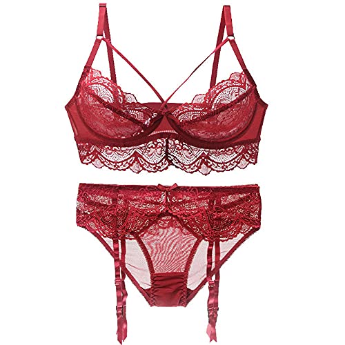 Damen 3-teiliges Dessous-Set mit Blumenmuster, Spitze, Bügel, nicht gepolstert, sexy BH, rot, 90AA von Ayigedu