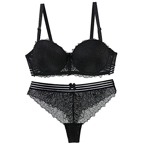 Frauen BHs und Panty Sets Spitze Dessous Set Bügel Push up BH und Tanga Sets Sexy Bralette Unterwäsche, Schwarz , 85B von Ayigedu