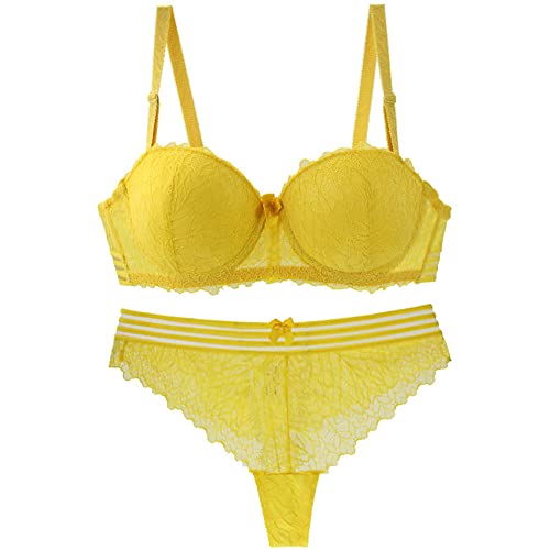 Frauen BHs und Panty Sets Spitze Dessous Set Bügel Push up BH und Tanga Sets Sexy Bralette Unterwäsche, gelb, 85B von Ayigedu