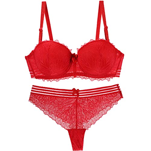 Frauen BHs und Panty Sets Spitze Dessous Set Bügel Push up BH und Tanga Sets Sexy Bralette Unterwäsche, rot, 75B von Ayigedu