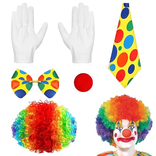 Ayizhiniu 6pcs Clown Kostüm Accessoire, Regenbogen Clown Perücke, Clown Nase Handschuhe Bunte Krawatte, Unisex Clown Kostüm, Anwendbar auf Karneval Maskerade Kostümshow von Ayizhiniu