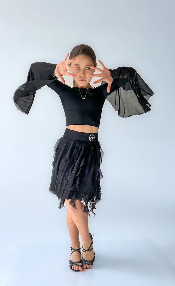 Flares Girl Kids Tanz Crop Top Mit Power Mesh Flare Ärmeln. Waltz Tango Dance Practice Wear. Ballroom Übungskleidung von AylinkaShop