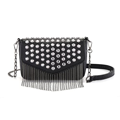 Ayliss Damen Crossbody Handtasche Geldbörse Kleine Nieten Nieten Quaste Schultertasche Clutch Gothic Punk Rock Party Funky Bag (Rechteck Schwarz), Schwarz, Small von Ayliss