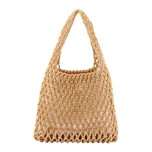 Ayliss Damen Mini Clutch Handtasche Tragetasche Baumwolle Häkeleimer Top Griff Kordelzug Strand Woven Fishing Net Pouch Purse, Khaki von Ayliss
