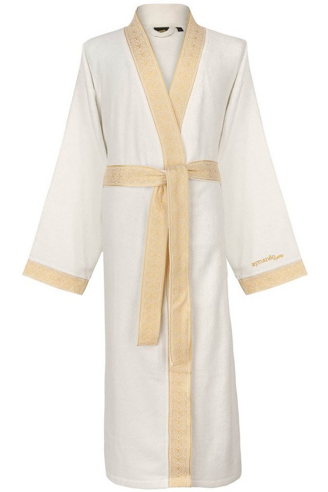 Aymando Bademantel Weiß, L, 100% Baumwolle, Kimono-Kragen, Bindegürtel, Gold gestickte Blende mit Ornament Optik, Geschenkverpackung von Aymando